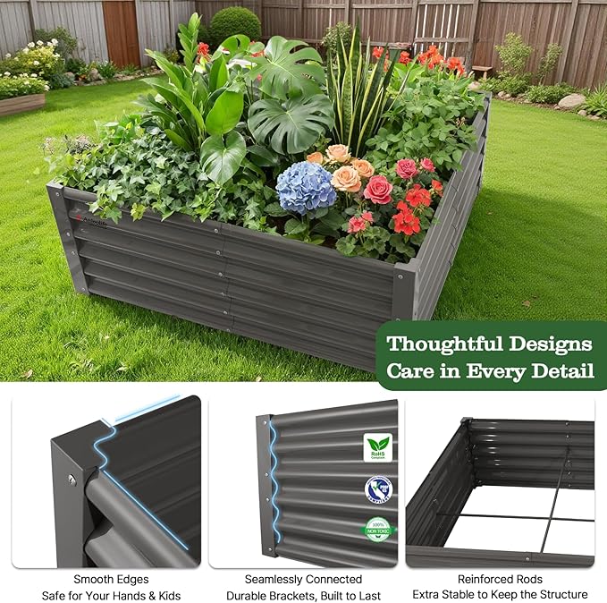 A ANLEOLIFE Set of 6, 18 Inch Tall Quartz Grey Raised Garden Beds Kit, Rectangular & Square Metal Planters for Structured Garden Layouts AAnleolife