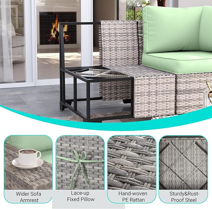 16-Piece Outdoor Patio Furniture Set with Rocking Swivel Chair, PE Wicker Rattan Sectional Sofa Patio Conversation Set with 55,000 BTU Fire Pit Table & Coffee Table, Light Green MuphyersPatioFurniture