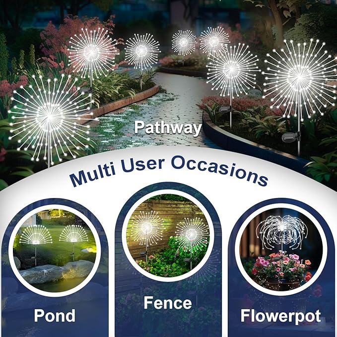 Solar Garden Lights Outdoor, 2 Pack 120 LED Twinkling Firework Lights Decorative with 2 Modes, Outdoor Waterproof Solar Starburst Light for Outside Yard Pathway Garden Decor, White Yaafen