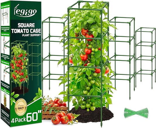Legigo 4 Pack Square Tomato Cages for Garden- Up to 60 Inch Tomato Plant Support Stakes Cage, Heavy Duty Steel Tomato Trellis Garden Stakes for Raised Garden Bed Climbing Vegetables Cucumbers Flowers Legigo