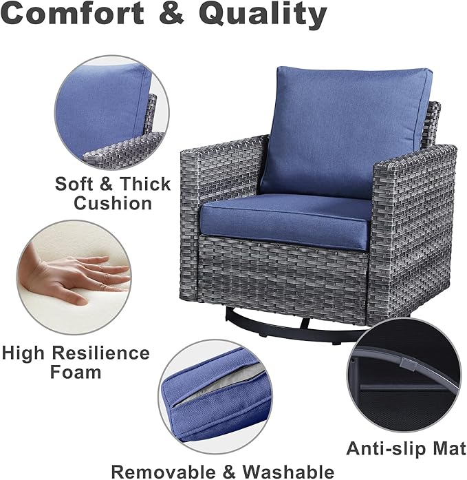 Belord 6 Piece Outdoor Furniture Patio Wicker Sofa Set, Oversize Outdoor Swivel Rocker Chairs with Rattan Ottomans, Conversation Sets Patio Furniture Come with Removable Washable Cushion Blue Belord