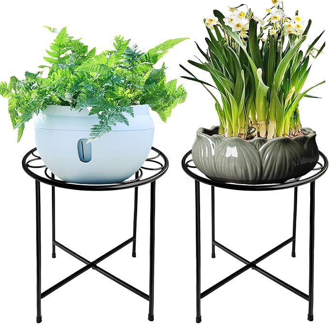 Plant Stand, 2 Pack Round Plant Stands Indoor Outdoor, Retro Design 15'' Tall Plant Stand, Rust-proof Coated Metal Plant Pot Stand Flower Stands for Indoor Plants Patio Garden Home Decor Black ZEECER