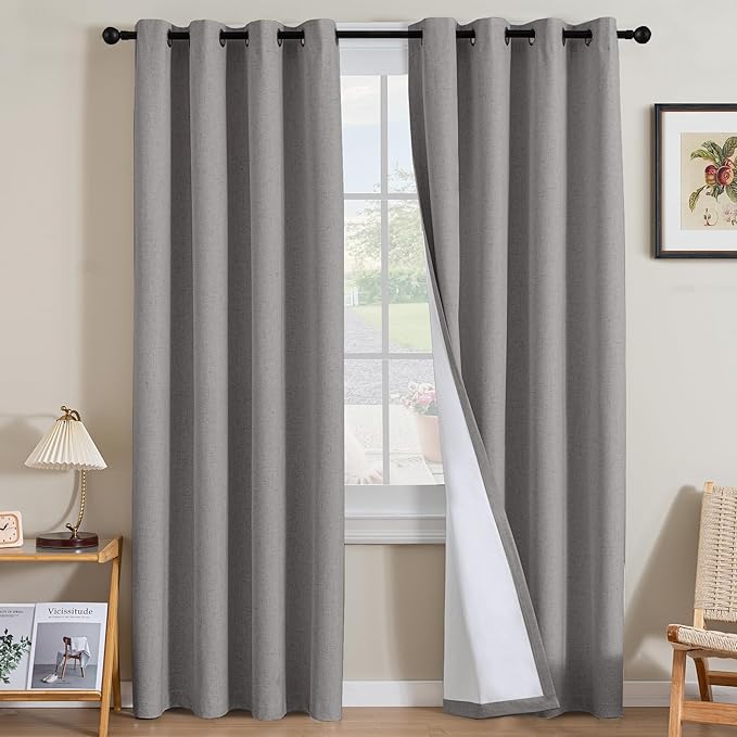 H.VERSAILTEX Linen Curtains 100% Blackout Curtains for Bedroom 108 inch Long Full Light Blocking Nature Linen Blended Window Curtains for Living Room Nickel Grommet (2 Panels, Heathered Dove) HVERSAILTEX