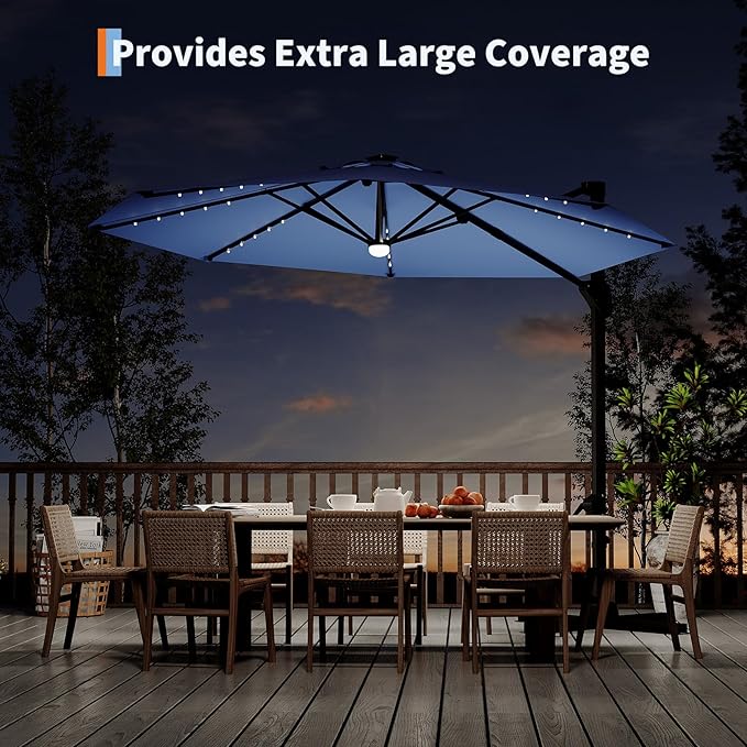 Garvee 10 ft Cantilever Patio Umbrella with Solar Lights, 360° Rotation Offset Umbrella, Easy Crank & Tilt Adjustment, UV Protection for Backyard, Poolside, Deck -Navy Blue Garvee