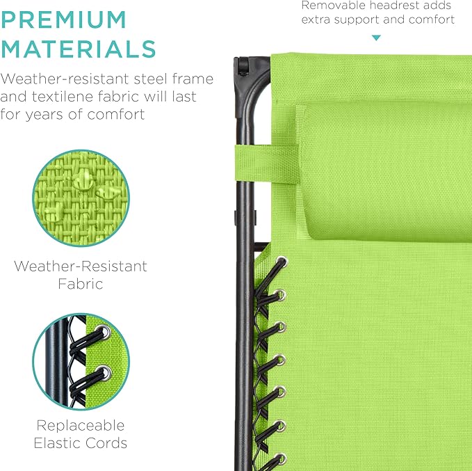 Best Choice Products Folding Zero Gravity Outdoor Recliner Patio Lounge Chair w/Adjustable Canopy Shade, Headrest, Side Accessory Tray, Textilene Mesh - Lime Green BestChoiceProducts