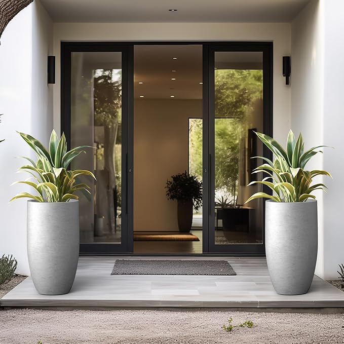 Kante 24 Inch Tall Round Concrete Planter, Large Indoor Outdoor Plant Pots with Drainage Hole and Rubber Plug, Modern Decorative Garden Pots for Home Patio Porch, Natural Concrete Kante