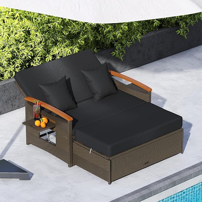 Tangkula Patio Rattan Daybed with 4-Level Adjustable Backrest, Outdoor Wicker Loveseat with Acacia Wood Armrest, Storage Ottoman & Folding Tray, Double Sunbed for Balcony, Backyard & Poolside (Black) TANGKULA