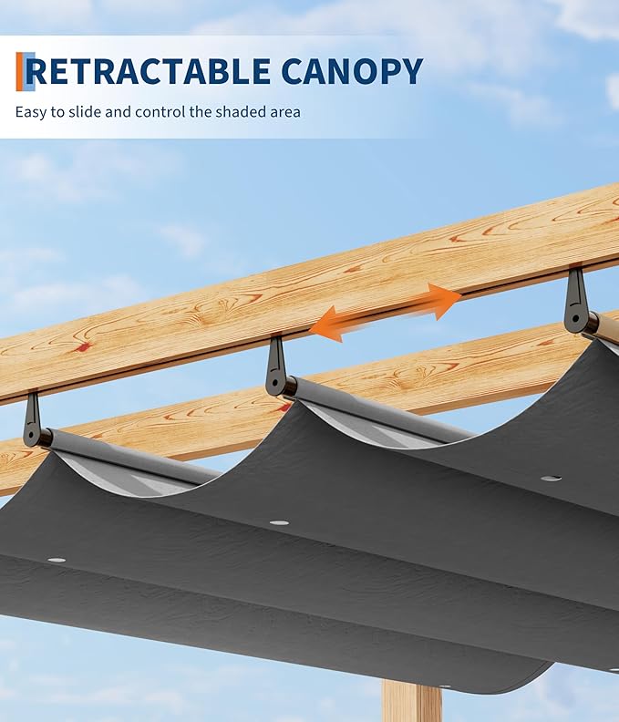 GarveeLife 10 x 13 ft Wood-Grain Aluminum Pergola with Retractable Waterproof Canopy UV Protection Rust-Resistant Sturdy 4-Side Base for Patio Garden Backyard Deck (Gray) GarveeLife