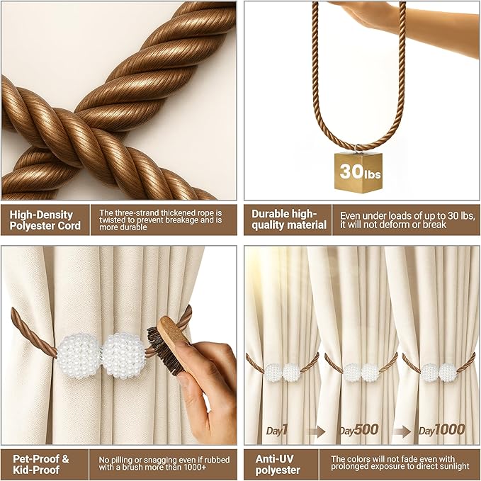 Hion Magnetic Curtain Tiebacks Dark Brown 2pcs, Curtain Tiebacks Buckles Holdbacks Holders Hooks Clip for Home Bedroom Office Decorative Curtain Hion