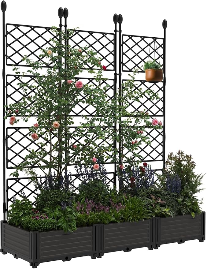 IDEALHOUSE Raised Garden Bed Kit with Trellis, Vertical Metal Planter Box for Small Space, Balcony Privacy Screen for Climbing Plants & Flowers, Patio Vertical Gardening Solution, Black IDEALHOUSE