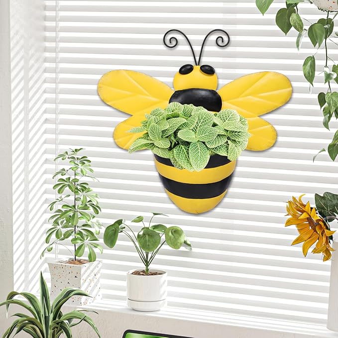 Metal Wall Planter Bee Wall Mounted Planters Small Flower Pot with Drainage for Indoor Outdoor Farmhouse Hanging Planter Succulent Plant Container Vertical Garden Yard Decor Chonsun