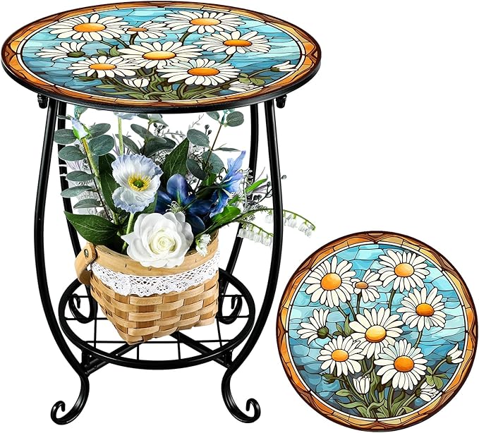 Outdoor Side Table Round Small Mosaic Patio Accent Indoor End Plant Coffee Tea Table for Yard Patio Porch Garden Living Room, Bedroom(Daisy Style,14 Inch) Cinnvoice