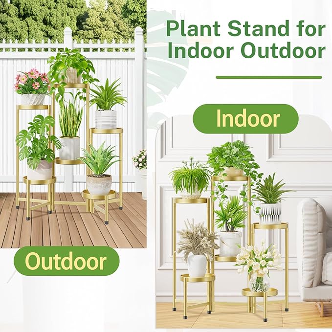 iDavosic.ly Plant Stand Indoor Outdoor, 6 Tier Corner Metal Flower Display Holder Shelf, Easy Assembly Folding Tall Orchid Rack for Patio Balcony Porch Garden Living Room House, Gold iDavosicly