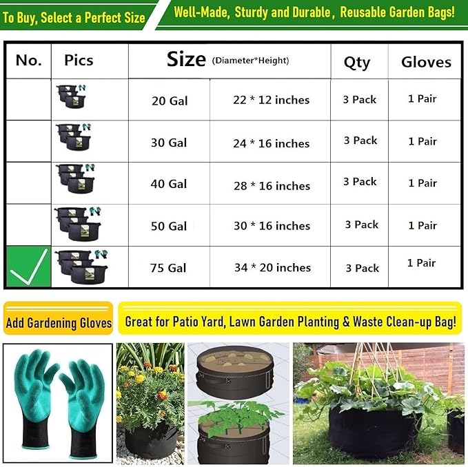 3-Pack 75 Gallon Thickened Plant Grow Bags Large (34x20 in) Heavy Duty Garden Bag Fabric Plant Pots for Tomato,Potato Planter,Herbs Veggies Planting,Flower Pots,Barrel Planter,Leaf Bag,Yard Waste Bags TespherCreationsforYardWorkLawnsCareandGardeningJobsOutdoorActivitiesRVCampingTrips