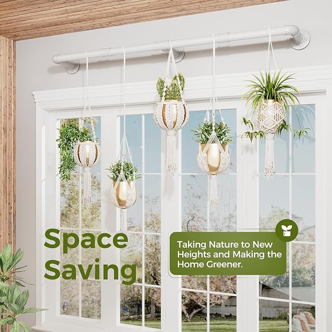 Bamworld Window Plant Hanger Indoor 63in Hanging Planters for Indoor Plants Hanging Plants Holder Hanging Rod Window Plant Shelves Wall Planters Pot/Chain/Plant Not Included (White) Bamworld