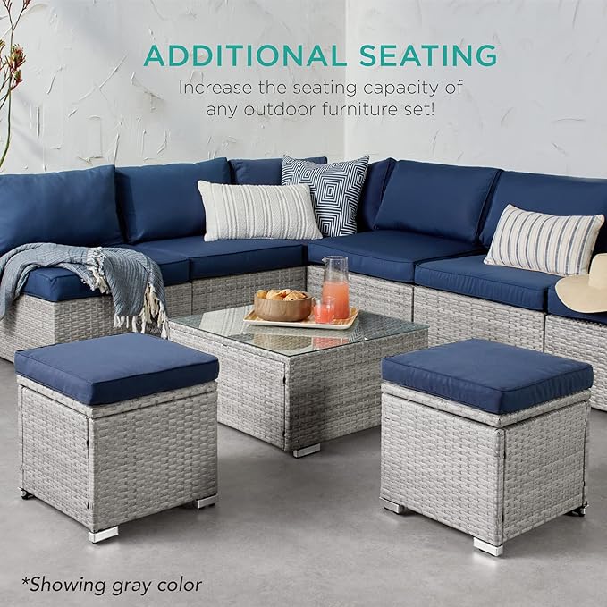 Best Choice Products Set of 2 Wicker Ottomans, Multipurpose Outdoor Furniture for Patio, Backyard, Additional Seating, Footrest, Side Table w/Storage, Removable Cushions - Cement Gray/Taupe BestChoiceProducts