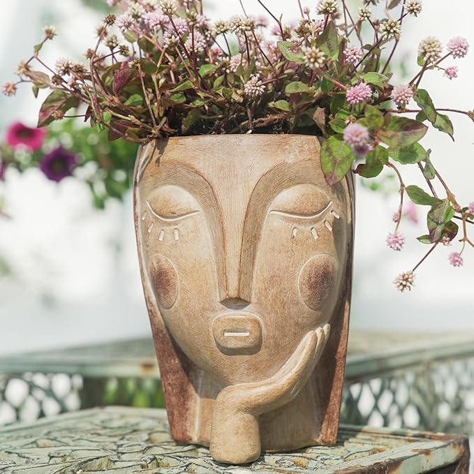 Head Planters for Indoor Plants, Face Flower Pot Head Planter Succulent Planters Unique Face Planter with Drainage Hole - Rustic Thinking Girl Closed Eyes Saysmile