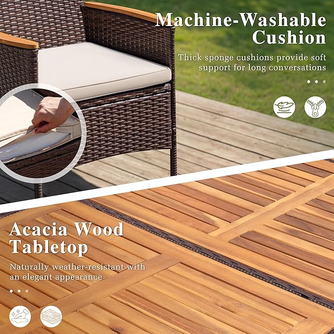 Devoko Outdoor Patio Dining Sets 9 Pieces Wicker Outdoor Dining Table and Chairs Set with Acacia Wood Table Top and Widened Armrests for Backyard, Garden, Deck (Brown) DEVOKO