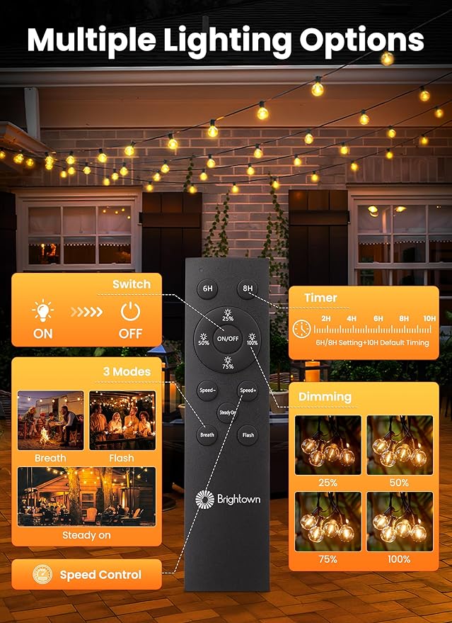 Brightown 158FT Solar String Lights Outdoor with Remote and 77 LED Shatterproof Bulbs, Dimmable & Timable, 3 Light Modes, Solar Patio String Lights Outdoor for Cafe, Garden, Deck, Outside Wedding Brightown