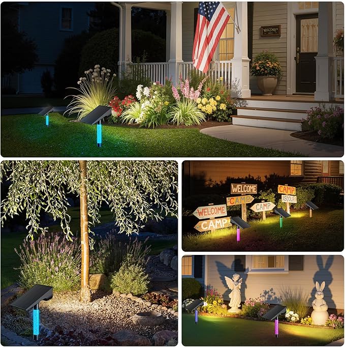 intelamp Solar Spot Light Outdoor Waterproof, 4000mAh RGB + 3 Color LED Landscape Flood Lighting Spotlights for Camping Garden Yard Tree Flag Wall Patio Halloween Christmas Decor with Remote IntelampSolarLightingArtist