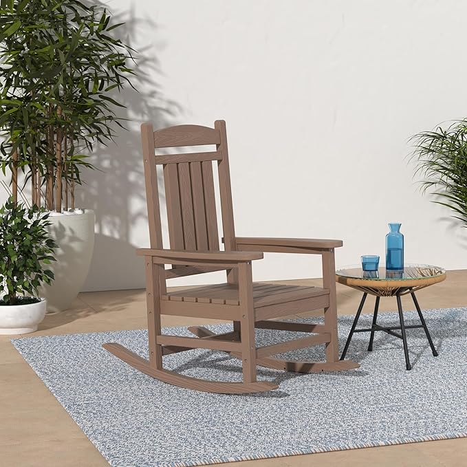 KINGYES Outdoor Rocking Chair Set of 2, High Density Polyethylene Patio Rocking Chairs with 330lbs Support for Adults, Brown KINGYES