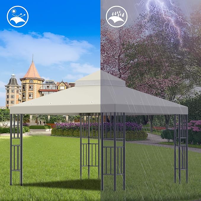 Sumfaller 10x10 FT Gazebo Replacement Canopy Top Cover Double Tiered Canopy Top Cover for Patio Garden Outdoor BBQ Roof Cover Grill Shelter (Beige) Rootora