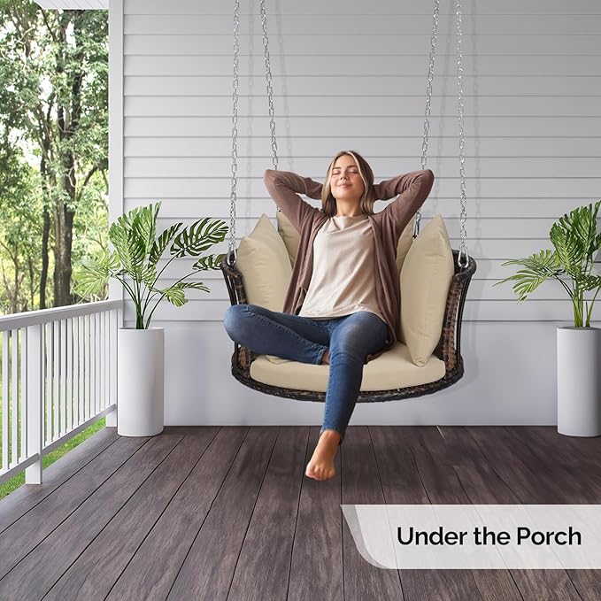 VINGLI 2.4 FT 1-Person Use Round Rattan Porch Swing Outdoor Support 440 LBS with Cushions & Adjustable Chains, Patio Wicker Swing Bench Chair for Garden, Yard, Lawn, Tree, Brown VINGLI