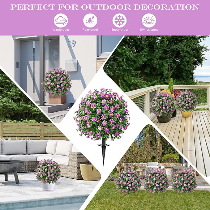 Artificial Topiary Bushes for Outdoors with Spike, Boxwood Ball Fake Shrubs UV Resistant Faux Plants for Indoor Outdoor Fall Thanksgiving Halloween Decor (Sunflower Boxwood Purple -2 Packs) FAJUNZH