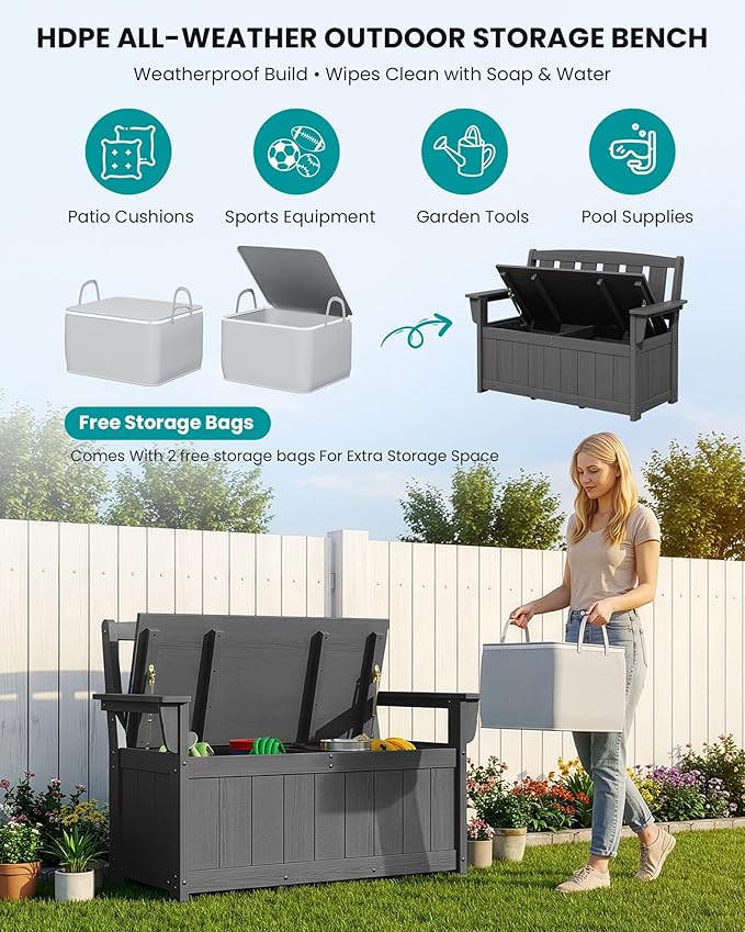 SERWALL HDPE Outdoor Storage Bench, All-Weather, UV-Resistant Deck Box with Waterproof Storage Bags, 57 Gallon Dual-Use Seat & Organizer Deck Boxes for Patio, Garden Tools & Pool (Gray) SERWALL