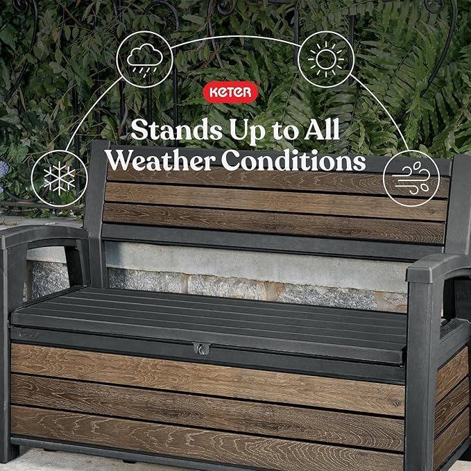 Keter Signature 60 Gallon Storage Bench Deck Box for Patio Furniture, Front Porch Decor and Outdoor Seating – Perfect to Store Garden Tools, Walnut Keter