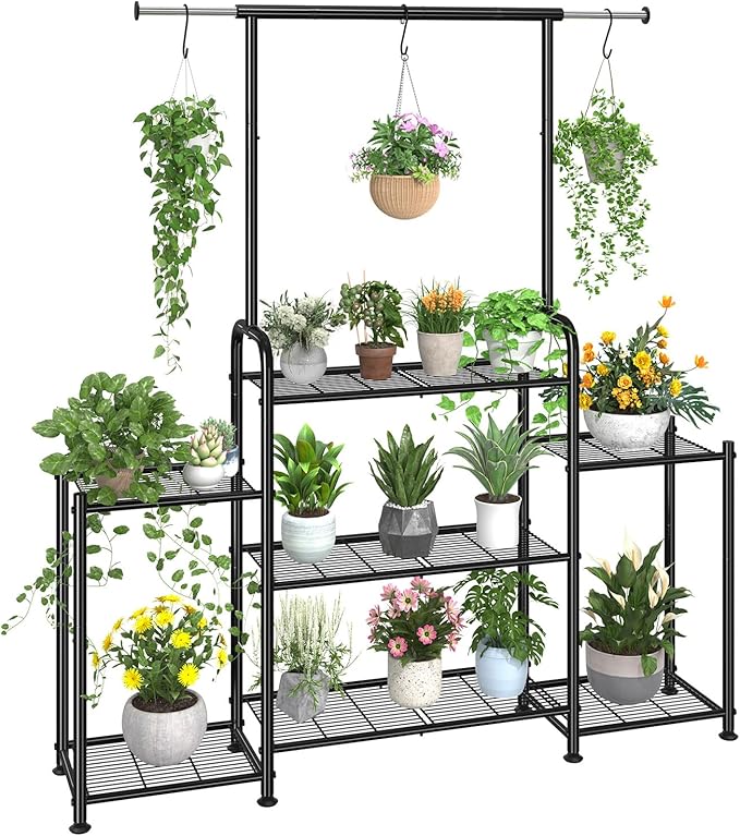 Simple Trending Plant Stand Indoor Outdoor, Metal 3 Tier Tall Hanging Plant Shelf for Multiple Flower Planter Large Heavy Duty Ladder Plant Holder for Garden, Black SimpleTrending