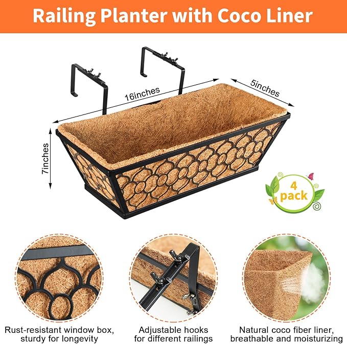 Riare 4 Pack 16 Inch Window Boxes Planters with Coco Liner, Metal Deck Railing Planter Boxes, Balcony Planters Railing Hanging, Horse Trough Window Flower Planter Boxes for Outdoor Porch Fence Patio Riare
