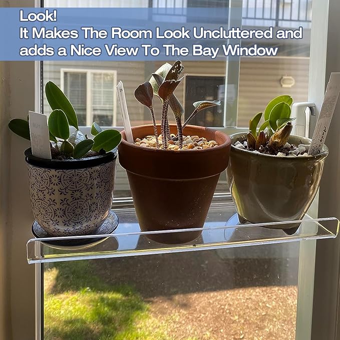 2-Pack 15 Inch Acrylic Window Boxes Plant Shelves, with Suction Cup Window Sill Extender, for Indoor/Outdoor Succulents, Micro Greens, Seed Starter Pots, Herb Planters Skewo