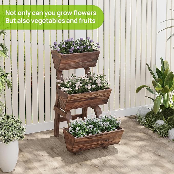 3-Tiers Wooden Raised Garden Bed Tiered Planter Box Flower Pots Vertical Garden Planter Wood Plant Stand Planter Kit for Vegetables Flowers Herbs for Patio Balcony Freestanding (Carbonized S) Dawnyard