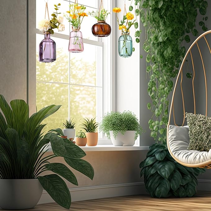 4 Pcs Stained Glass Hanging Vases Hanging Glass Planters Small Plant Terrarium Pot Containers with Rope for Garden Home Indoor Outdoor Decor, 4 Styles (Fashionable) Wonderjune