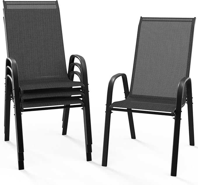VINGLI Patio Chairs Set of 4 – Stackable Outdoor Dining Chairs with Comfortable Sling High Back Chairs and Armrests for Lawn, Poolside, Courtyard, Balcony, Garden, Black VINGLI