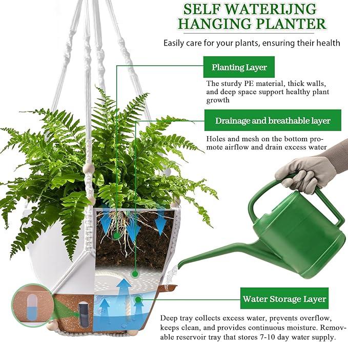 10 Inch Hanging Planters for Indoor Plants, 2 Pack Self Watering Hanging Baskets Flower Pots with Drainage Hole, Visual Reservoir & 2 Kinds of Plant Hanger for Outdoor Garden Home Decor (White) Fielda
