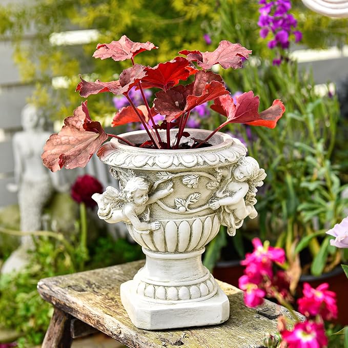 Sungmor Garden Cherub Urn Planter, Lovely Resin Angel Statue Flower Pots, Vintage European Style Planter, Rustic White Whimsy Fairy Decorative Plant Pot, Beautiful Pot for Indoor Outdoor Flowers Sungmor