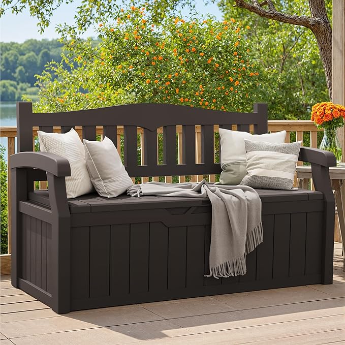 Greesum 80 Gallon Storage Bench Outdoor Deck Box with Armrest, Patio Furniture,Lockable, Waterproof and UV Resistant, Suitable for Garden, Pool, Brown BuynowfromGreesum