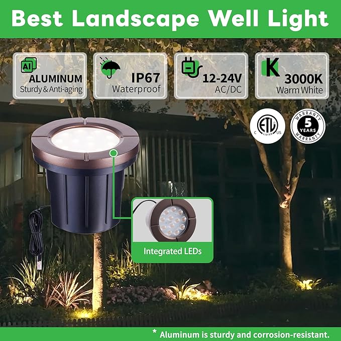 Ground Well Lights, Landscape LED Low Voltage Inground Lights, Outdoor Waterproof IP67, 12V Wired Aluminum ORB for Backyard Wall 6W 580LM 8 Pack Varmtalys