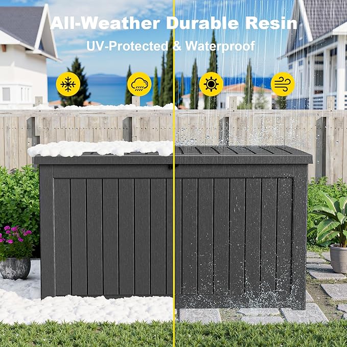 ROJIK Outdoor Storage Housing Deck Box,Waterproof Patio Furniture, Garden Tools,Cushions,Pool Accessories Storage Bench with Lockable Lid and Side Handles (Black,280 Gal) ROJIK
