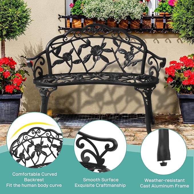 VINGLI 38.5" Patio Park Garden Outdoor Metal Rose Bench, 2-Person Cast Iron Cast Aluminium Frame Antique Finish Chair,Accented Lawn Front Porch Path Yard Decor Deck Furniture (Black, Rose) VINGLI