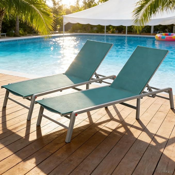 Kozyard 2-Pack Outdoor Lounge Chairs, Foldable Aluminum Frame Patio Chaise Lounge with 5-Position Adjustable Backrest, No Assembly, Breathable Textilene Fabric for Poolside Beach (MintGreen, Notable) Kozyard