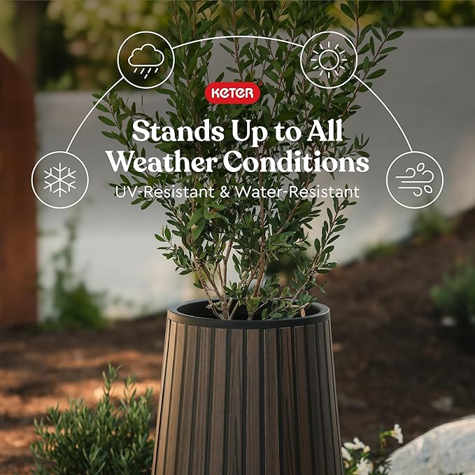 Keter Signature Conic 28.5 Inch Tall Round Large Wood Look Planter for Indoor or Outdoor Flower Pot Ideal for Patio Deck and Front Porch Decor, Rosewood Keter