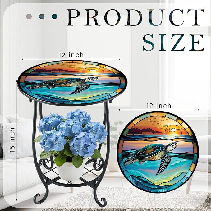 Outdoor Side Table Round Small Mosaic Patio Accent Indoor End Plant Coffee Tea Table for Yard Patio Porch Garden Living Room, Bedroom(Turtle Style,12 Inch) Cinnvoice