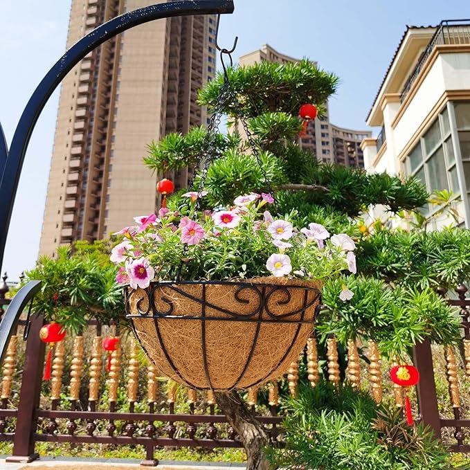 Outdoor Metal Hanging Planters Basket (4pack, 14 inch) Hanging Baskets for Plants Chain Round Wire Plant Holder with Coco Fiber Liners for Garden, Patio, Deck, Porch(Flower Border) EIMQUVW