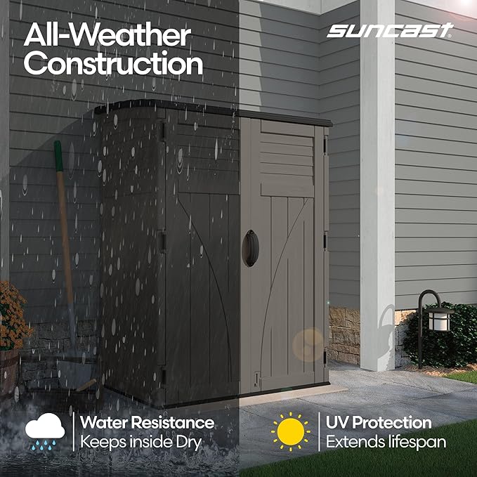 Suncast Outdoor Storage Cabinet Waterproof Resin Vertical Outdoor Storage Shed (54 cu. ft.) for Patio, Garden Tools, Cushions, & Equipment. Weatherproof Plastic Multi-Wall Design, Capacity Made in USA Suncast