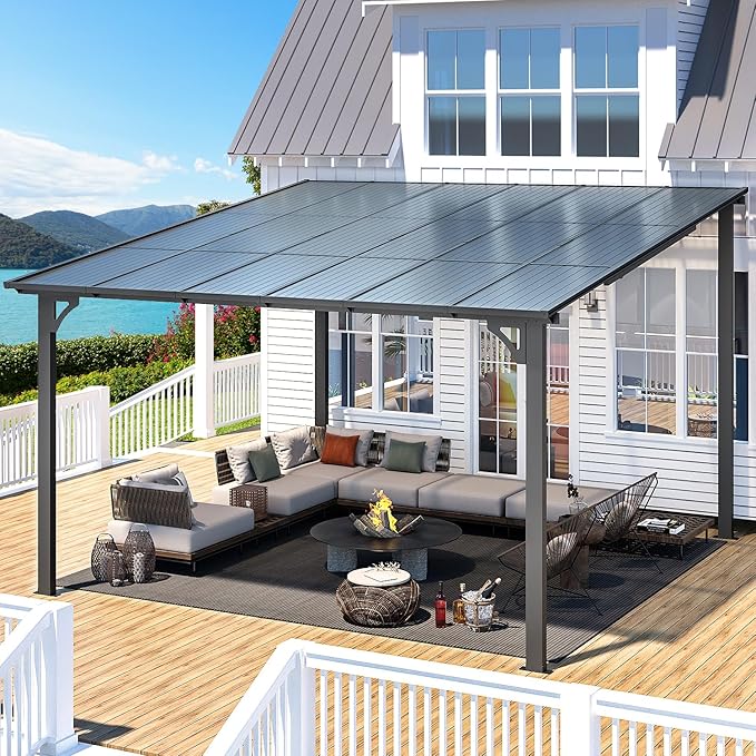 AECOJOY 12' x 12' Gazebo Outdoor Pergola for Patio, Large Wall-Mounted Hard Top Lean to Metal Gazebo Shelter Pergolas and Gazebos Clearance with Patio Roof, Heavy Duty Awnings for Backyard, Decks AECOJOY