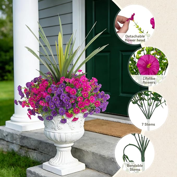 Artificial Flowers for Outdoors Fake Plants Outside, 12 Bundles Silk Morning Glory with Eucalyptus + Orchid Leaf UV Resistant Realistic Faux Flowers for Porch Planter Garden Patio (Purple Fuchsia) INXUGAOArtificialFlowers