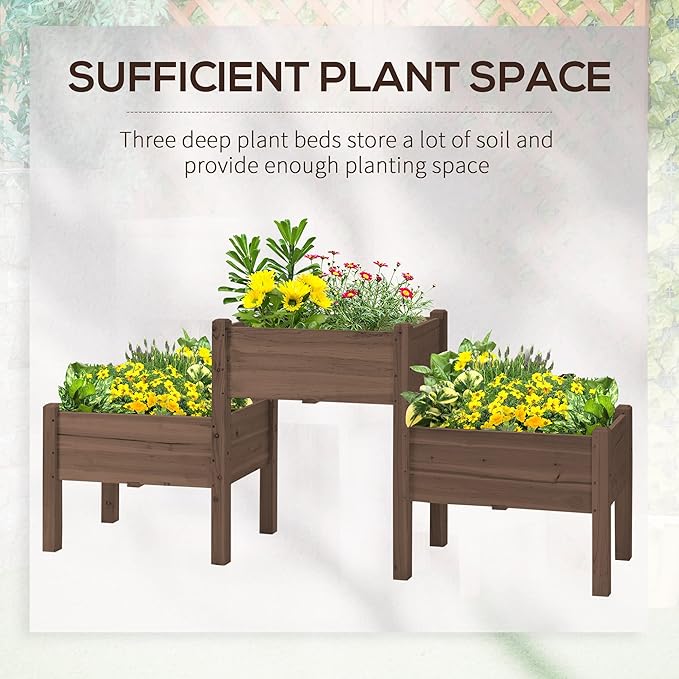 Outsunny Raised Garden Bed with 3 Planter Box, Elevated Wooden Plant Stand with Drainage Holes, for Vegetables, Herb and Flowers, Coffee Outsunny